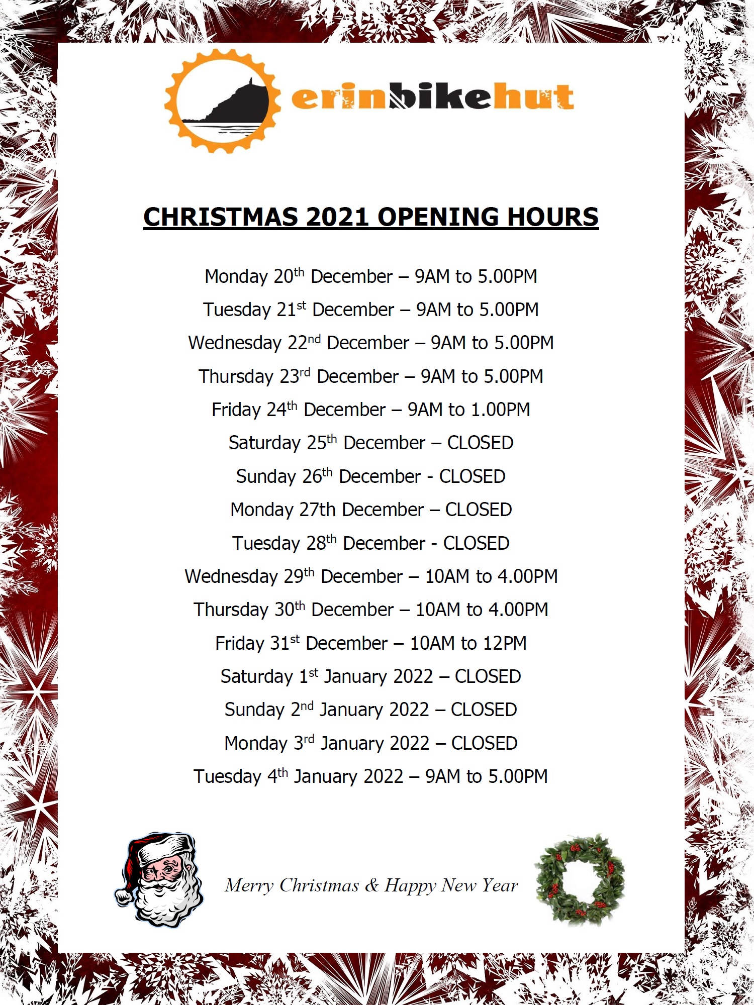 Christmas 2021 / New Year 2022 Opening Hours